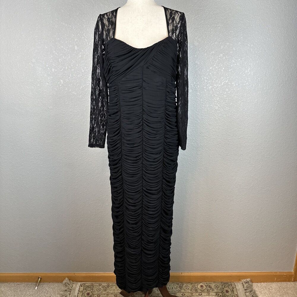 Vicky Tiel‎ Womens Long Sheer Lace Sleeve Ruched Column Gown XL Long Dress Black